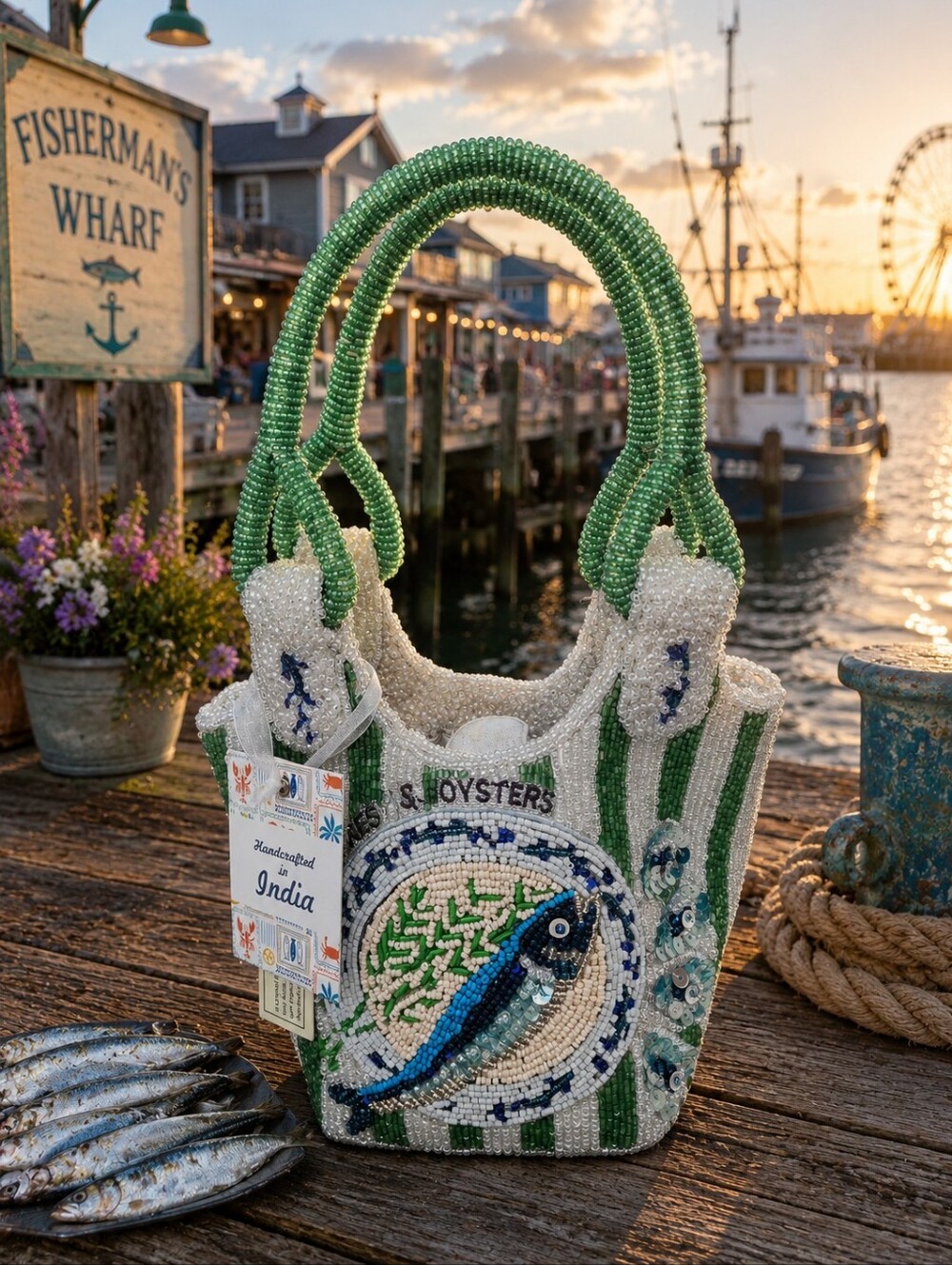 Handcrafted In India Beaded Sardine &  Oyster Bucket Bag Green and White Stripe